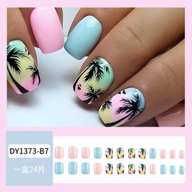 Summer Press on Nails Short Square Coconut Tress Fake Nails Fresh Summer Tropical Rainforest Beach Designs Acrylic False Nails Glossy Pink Blue Color Glue on Nails for Women