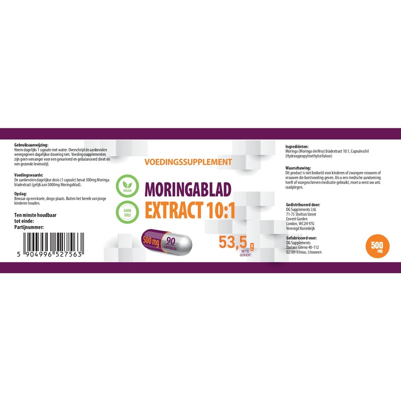 Moringa Leaf 5,000mg Equivalent (500mg 10:1 Extract) 90 Vegan Capsules,