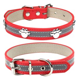 PETCARE Reflective Dog Collar with Cute Paw Rivet Studded Funny Soft PU Leather Adjustable Puppy Dog Collars for Small Medium Large Dogs Cats (Red,Medium)
