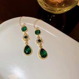 Elegant Emerald Green CZ Flower Teardrop Square Hook Statement Lightweight Dangle Drop Earrings for Women Girls Dainty 14K Gold Plated Trendy Sparkly Crystal Wedding Party Long Dangling Hypoallergenic Fashion Jewelry Gifts Bff Her Wife Birthday Xmas