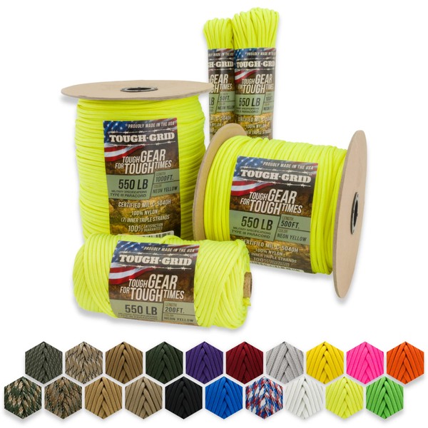 TOUGH-GRID 550lb Neon Yellow Paracord/Parachute Cord - 100% Nylon Mil-Spec Type III Paracord Used by The US Military, Great for Bracelets and Lanyards, 100Ft. - Neon Yellow