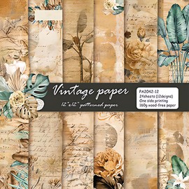 Scrapbook Paper, 12x12 Vintage Scrapbooking Paper Packs, 24 Sheets/12 Designs Aesthetic Decorative Stationery Paper Scrapbooking DIY Craft Daily Planner for Writing/ Album/ Drawing/ Travel Journal