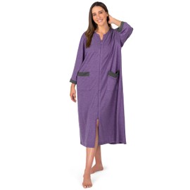 PAVILIA Premium Womens Robe Housecoat, 3/4 Sleeves Zip Up Nightgown For Women with Pockets, Soft Bathrobe Zipper Loungewear Dress Sleepwear (2XL/3XL, Purple)