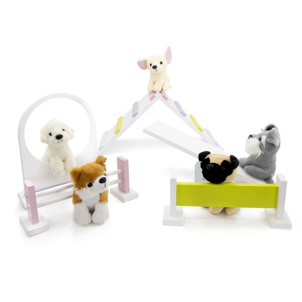 Playtime by Eimmie 18 Inch Doll Furniture - Dog Agility Set with Plush Dog Doll Accessories - Wooden Playsets for American, Generation and Similar 14"- 18" Girl Dolls