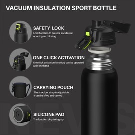 SANTECO Water Bottle, Lockable Thermos Flask, Water Bottle, Stainless Steel, 1.5 Litres, BPA-Free with Carry Bag, Direct Drinking Insulated Jug, Dishwasher Safe for Travel, Camping, Black