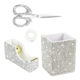 MultiBey 3pcs Bling Desk Accessories Set for Women, Sparkling Handmake Diamond Pen Holder, Rhinestone Tape Dispenser Holder & Scissors Office Stationery, Bling Desk Organizer for School Home Office