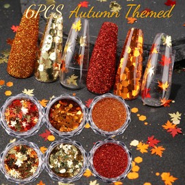 Autumn Nail Flake & Powder Set, 6Boxes Fall Themed Sequin & Brush