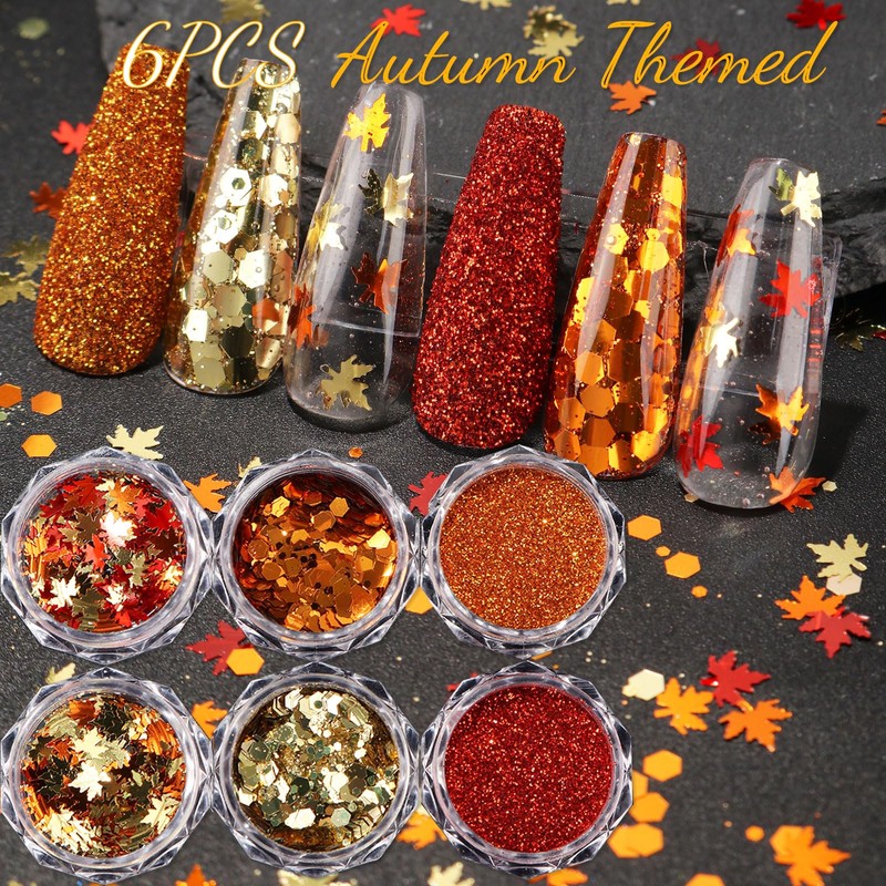 Autumn Nail Flake & Powder Set, 6Boxes Fall Themed Sequin