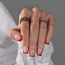 KQueenest Red French Tip Press On Nails Short Square, 30 Pcs Acrylic Press On Nails With Glue, Natural Nude Short Fake Nails Press ons, Reusable Glossy Soft Gel Glue on Nails for Women Weddings