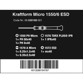 Wera 1550 PH Kraftform Micro ESD Screwdriver set for electronic components, PH/SL/M, 6PC, 05030180001