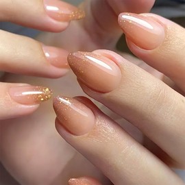 Almond Press on Nails Short False Nails with Golden Glitter Design Brown Gradient Glue on Nails Nude Full Cover Acrylic Nails Press ons Glossy Fake Nails Cute Artificial Stick on Nails for Women 30Pcs