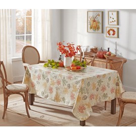 Newbridge Stamped Abstract Autumn Leaves Print Vinyl Flannel Backed Tablecloth, Contemporary Thanksgiving Fall Leaf Wipe Vinyl Tablecloth with Flannel Backing, 60” x 120” Oblong/Rectangle