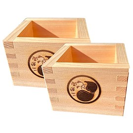 EDOYA Hinoki Wood Sake Cups (Set of 2) Japanese Box Masu with Japanese Lucky Brand (Lucky Gourd)