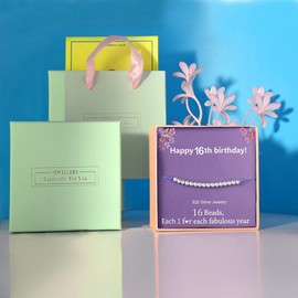 Birthday Gifts for 16th Girls Bracelet Silver Beads 16 Years Old Beads Bracelet on Cord Jewellery for Teen Girls With Cards Box and Gift bag