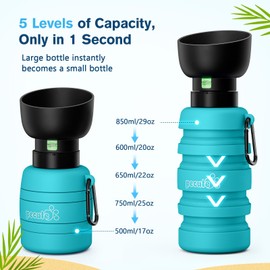 Pecute Dog Water Bottle Portable & Retractable,17oz-29oz Water Dispenser with Folding Bowl, 5 Levels Capacity in 1,Carabiner Clip,100% Food Grade Silicone,Outdoor Walking,Hiking,Travel,Light Blue