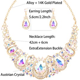 SFE Jewelry set for women, 14K Gold/Platinum Plated Costume Fashion Crystal Hollow Scroll Statement Necklace Dangle Earrings set for Bride Wedding Jewelry Set (AB Crystal-Gold Plated)