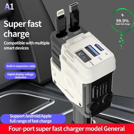 W&O Aromatic Starlight In Car Roof Retractable Car Charger with Lightning Cable, Dual Charge Port (3*Bottles), Fast Charging Adapter - Automotive:_WHITE MECH-STYLE CAR CHARGR (ios+type-c)