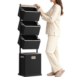 SOLEDI 4 Section Laundry Hamper Sorter, Stackable Laundry Basket Organizer with Removable Basket, 125L 4-Tier Vertical Laundry Sorter for Small Space, Laundry Room, Dorm, Bathroom, Wardrobe Black