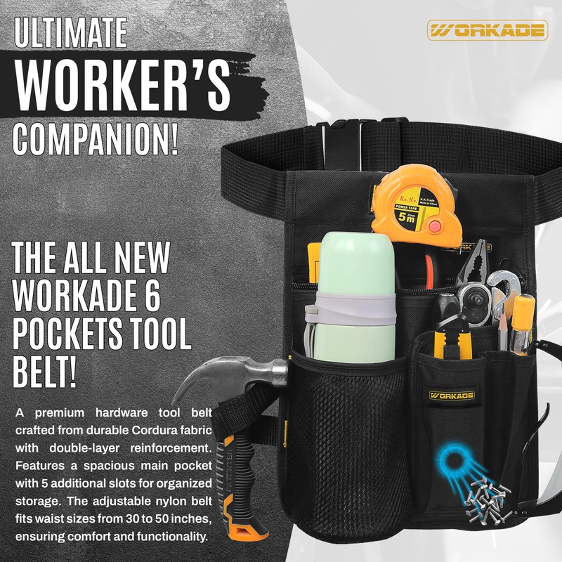 Workade Magnetic Tool Belt | 6-Pocket Single Side Work Apron