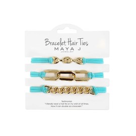 Maya J Bracelet Elastic Beach Hair Tie with Yellow Mariner Chain, Teal, Set of 3