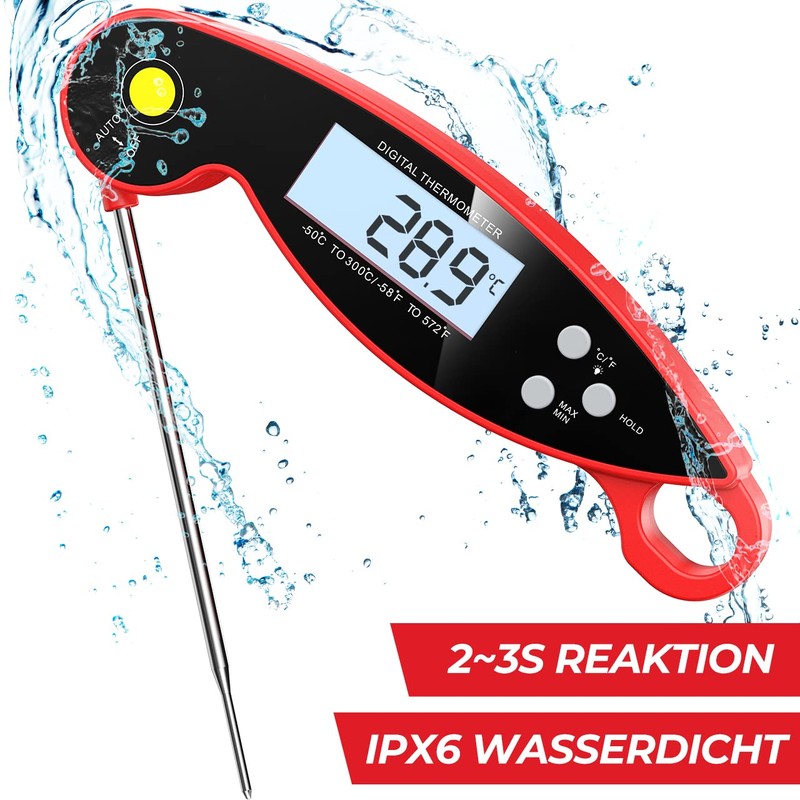 CGZZ Thermometer, Digital Meat Thermometer, Red, 4.6'' Folding Probe, 2-3S
