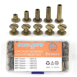 90 Sets Chicago Screws Assorted Kit 5 Sizes Bronze Leather Rivets 5mm Screw Rivets Flat Fillister Book Binding Posts Nail Rivet Chicago Bolts for DIY Leather Craft Bookbinding (6,10,12,15,18mm)