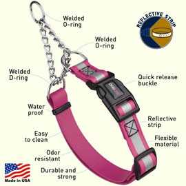 Dogline Reflective Martingale Collar for Dogs with Quick Release Buckle – Biothane Dog Collar with Herm Sprenger Assembly Chain – Waterproof No Pull Dog Collar, L 14”-20”, Passionfruit Pink