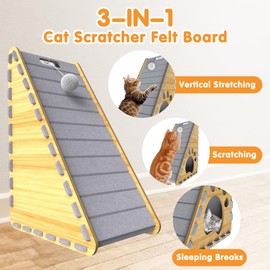 Felt Cat Scratchers for Indoor Cats, 27.5'' Triangular Vertical Cat Scratch Pad & Bed, Cat Scratching Pad with Fluffy Ball Hanging, Cat Scratch Ramp for Claw Health, Grey