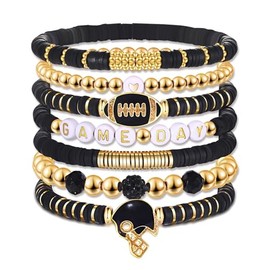 Game Day Bracelets for Women Football Bracelets Purple White Heishi Beaded Stretch Bracelets Stackable Sports Football Charm Bracelet Bangles Football Mom Accessories Outfits Jewelry Gifts (Purple 1)