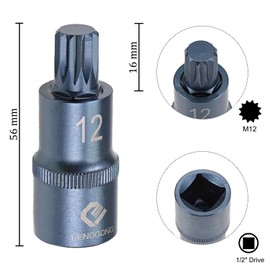 Juttzzei Spline Bit Socket, 1/2" Drive x M12 (12mm) Triple Square Spline Bit Socket, 12mm Allen Key Socket Multiple Teeth, S2 Steel M12 Spline Bit with 2" Length for Torque Wrench, Ratchet Wrench
