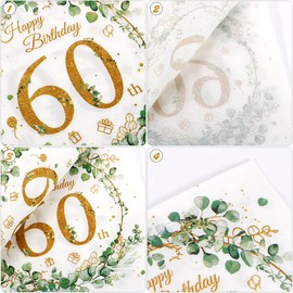 60 Stück Servietten 60 Geburtstag Mann Frau, Happy Birthday Servietten Eukalyptus, Deko 60 Geburtstags Mann Frau, 60 Geburtstags Deko für Mann