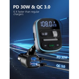 LENCENT Bluetooth FM Transmitter, Bluetooth Car Adapter, Car FM Bluetooth Adapter with PD 30W QC3.0 Fast Charger, Hi-Fi Music/Clear Text Calls, Coloured Light