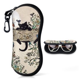 Playexen Soft Glasses Case for Sunglasses Storage Bag Men & Women or Children Ultralight Neoprene Zip Belt Clip Glasses Case Portable Case for Keys Pencils Cards, Beige-Black Cat, m