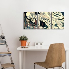 Wieco Art 3 Piece Witch and Skeleton Ukiyo-E by Utagawa Takiyasha Historic Cultural Illustrations for Living Room Bedroom Home Decorations Landscape Artwork