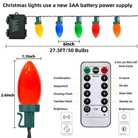 27.5FT C9 LED Christmas Lights Outdoor Battery Operated Lights with 8 Mode Remote Control, 50 Twinkle Big Christmas Lights for Colored Christmas Tree Lights & Christmas Home Yard Lawn Decorations
