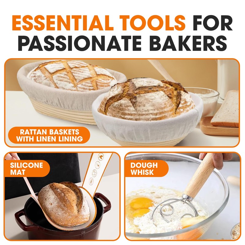Cheer Collection Bread Proofing Basket Set- Sourdough Starter Kit with