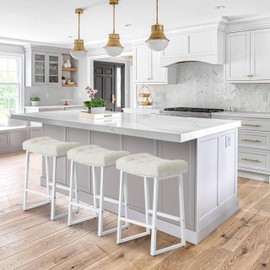 RNKSFX White & Beige Counter Height Bar Stools Set of 3 for Kitchen Counter Modern Backless Barstools with Upholstered Faux Leather Seat and Metal Frame Industrial 24 inch Bar Chairs