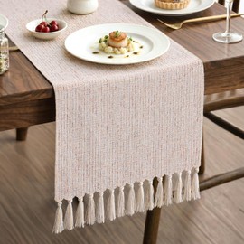 Treaful Dresser Runners for Bedroom, Rustic Boho Farmhouse Coffee Dining Table Tassel Cover Cloth Runner 72 Inches Long, Beige Table Runners for Dining Room, Coffee Table, Wedding Decor, Home Decor