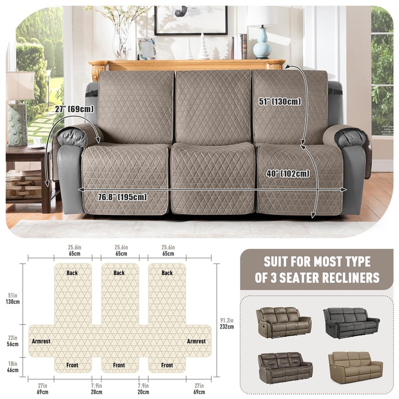TAOCOCO 100% Waterproof Recliner Cover, Non-Slip Washable Reclining Couch Cover