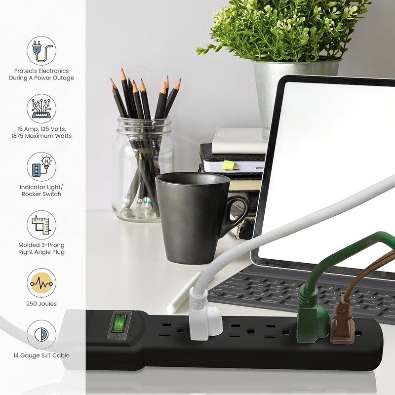 GoGreen Power Inc. (G-16106MSBK-2) 6 Outlet Surge Protector, 6FT Cord,