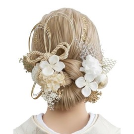 Lomeri ロメリ【11 Colors Available】Hair Ornament with Mizuhiki, Gold Leaf, Dried Flowers for Adult Ceremony, Graduation, Wedding, Traditional Japanese Attire (White Gold) S2