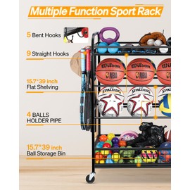 EXTCCT Garage Sports Equipment Organizer - Rolling Ball Storage Bin with Wheels, Garage Sports Gear Rack Outdoor Basketball Racks for Balls with Baseball Bat Holder and Hooks, Toy Organizer