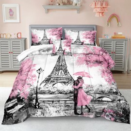 Bedbay Pink Paris Bedding Set King Size Eiffel Tower Comforter Set Romantic Couple French Style Duvet Set 4 Pcs Soft Lightweight Pink and Grey Down Comforter Set Paris Room Decor