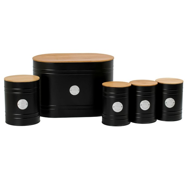 Denny 5pc Kitchen Storage Set with Airtight Bamboo Lids Includes Tea Coffee Sugar with Matching Biscuit Barrel Canister Jar & Bread Bin BY Crystals® (Black)