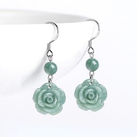 Xgimas Hand-carved Rose Flower Jade Dangle Earrings for Women, 925 Sterling Silver Earrings for Jewelry Gifts