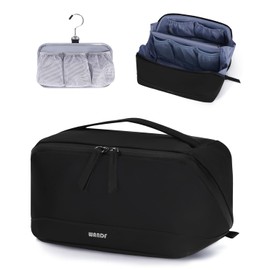WANDF Toiletry Bag for Men, PU Leather Travel Organizer with Detachable Waterproof Hanging Pouch, Open-Flat Dopp Kit Shaving Bag with Wet Pocket for Travel Toiletries Accessories (Black)