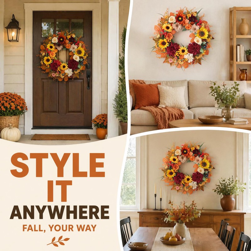 24 Inch Fall Wreath for Front Door, Autumn Sunflower Farmhouse