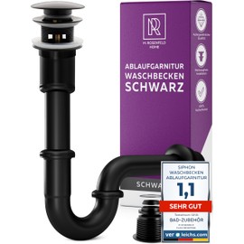 Black Siphon Sink Drain Fitting with Overflow, Pop Up + Universal Pipe Siphon Washbasin Odour Trap Made of Brass M. ROSENFELD HOME