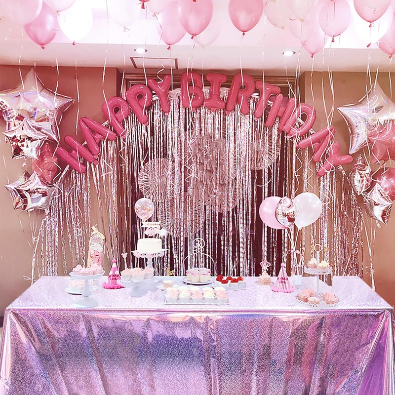 LabZhang 2 Pack Pink Iridescent Tablecloth Holographic Table Cloth Glitter