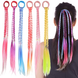 6 Pieces Colored Braids Hair Extensions with Rubber Bands Rainbow Ponytails Braided Colorful Hair Extension for Girls Hair-Accessories Colorful Synthetic Hairpieces
